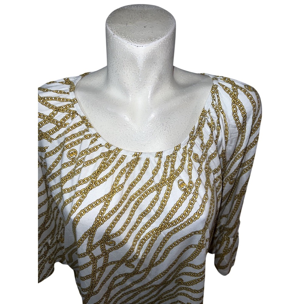 Michael Kors Womens Size XL White Gold Chain Link Logo Ruffle Sleeve Blouse Top - Picture 2 of 6